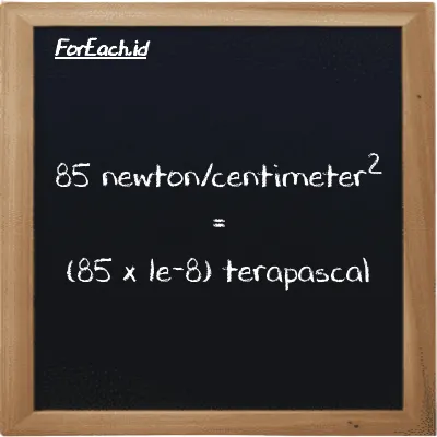 How to convert newton/centimeter<sup>2</sup> to terapascal: 85 newton/centimeter<sup>2</sup> (N/cm<sup>2</sup>) is equivalent to 85 times 1e-8 terapascal (TPa)